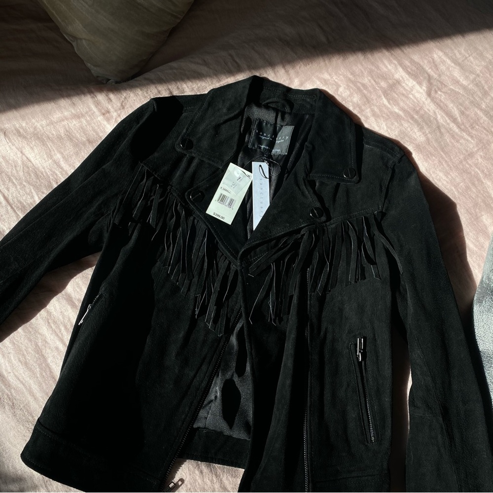 BRAND NEW SANCTUARY BLACK SUEDE LEATHER JACKET WITH FRINGE